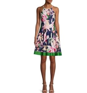 vince Camuto Pleated Floral Border Halter Dress